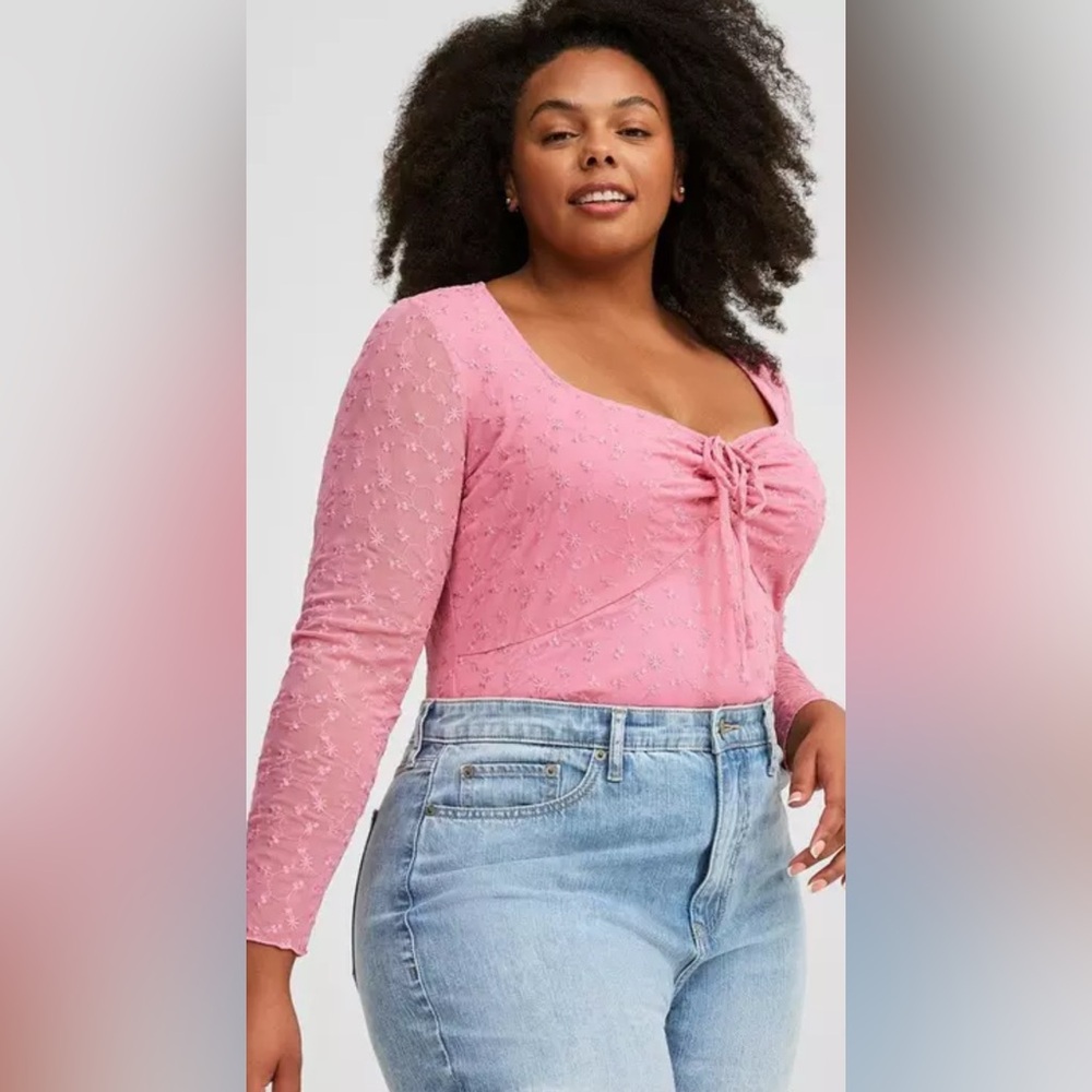 Torrid Size 4(4X)(26) Pink Long Sleeve Top Embroidered Stretch Mesh Tie Front
